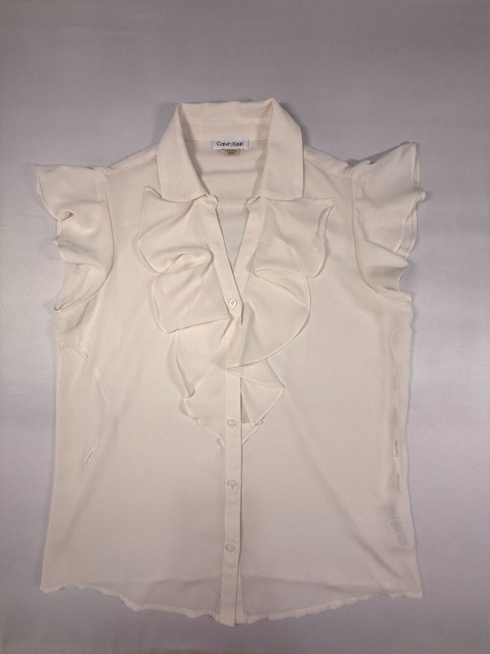 Calvin Klein Ivory Ruffle Front Flutter Sleeve Blouse M